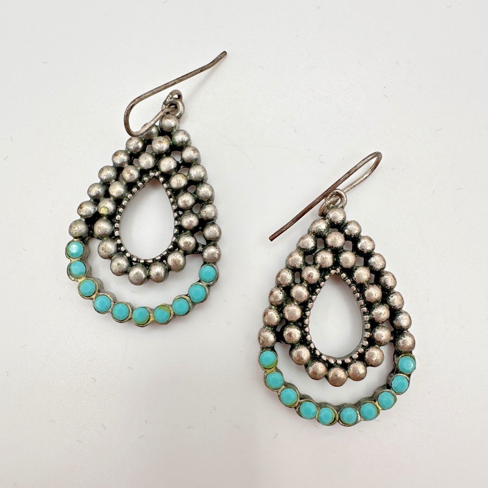 Vintage 90s Blue Glass Teardrop Earrings Silver Tone Boho Jewelry